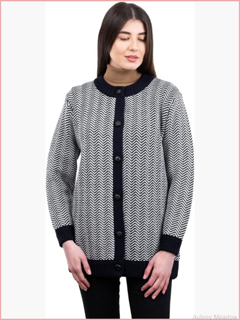Wool Blend Herringbone Cardigan Long Sleeve Button Front Classic